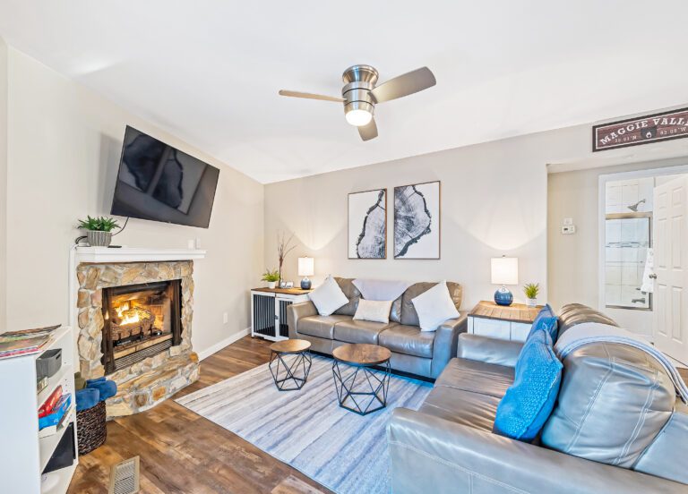 Spacious Living Room with Smart TV, dog crates, gas fireplace