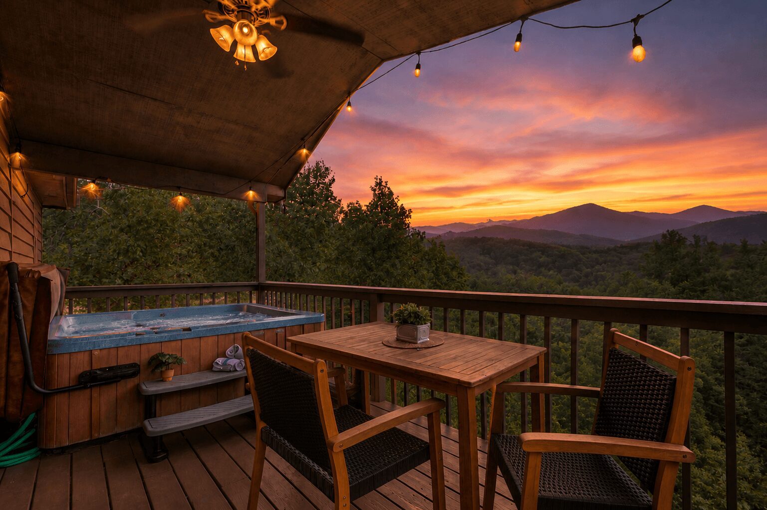 mountain cabin hot tub overlooking Smoky Mountains at sunset