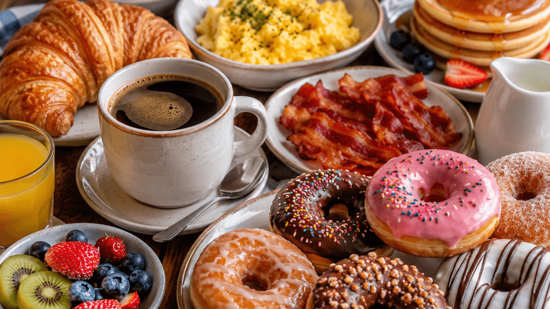 Breakfast spread with coffee and fresh donuts