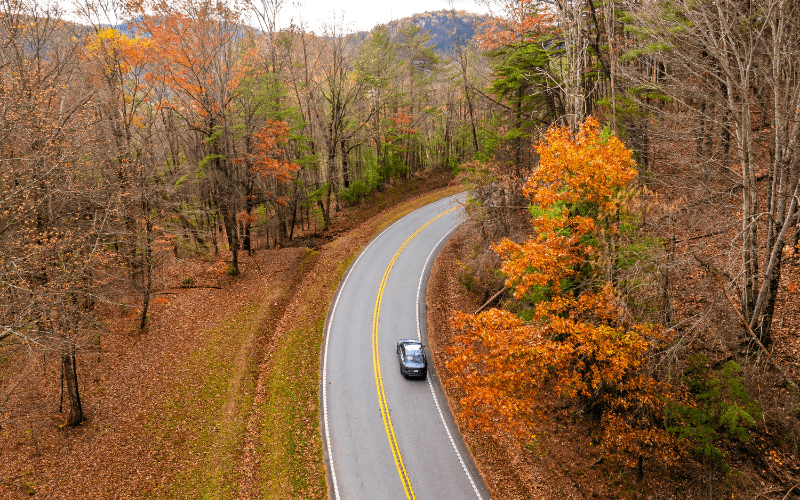 Blue Ridge Parkway overlook with red, orange, and gold fall foliage